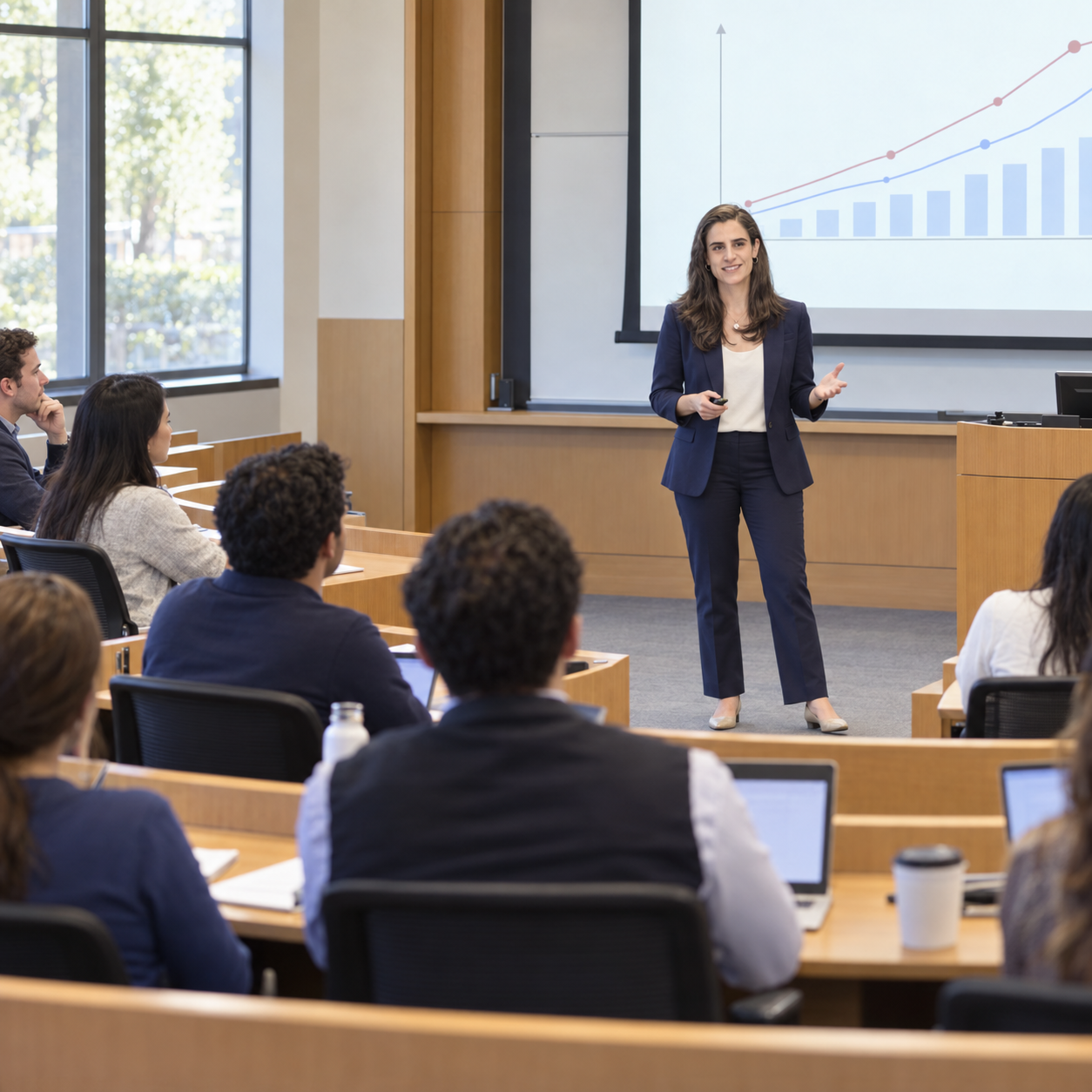 Professor Allende presenting to students in an MBA classroom