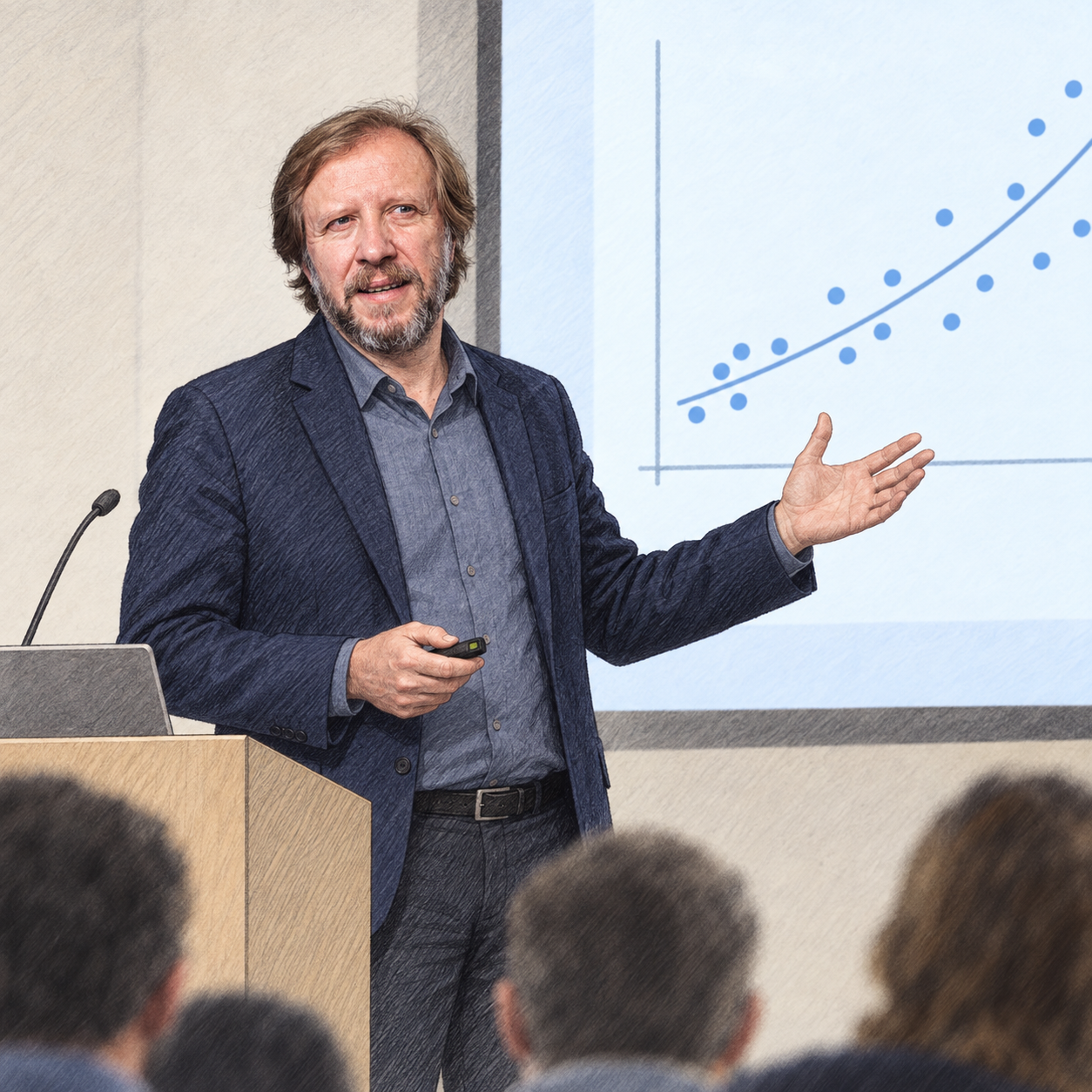 Professor Gallego presenting research and gesturing toward a projection